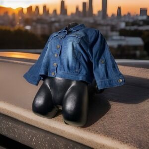 New Look‎ Denim Jacket Womens 1x Cropped Blue Jean Buttons Bat Wings Lightweight